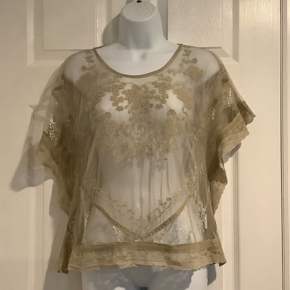 KIMCHI BLUE Tan Neutral Boho Sheer Romantic Flowy Ethereal Sexy Lace Top XS